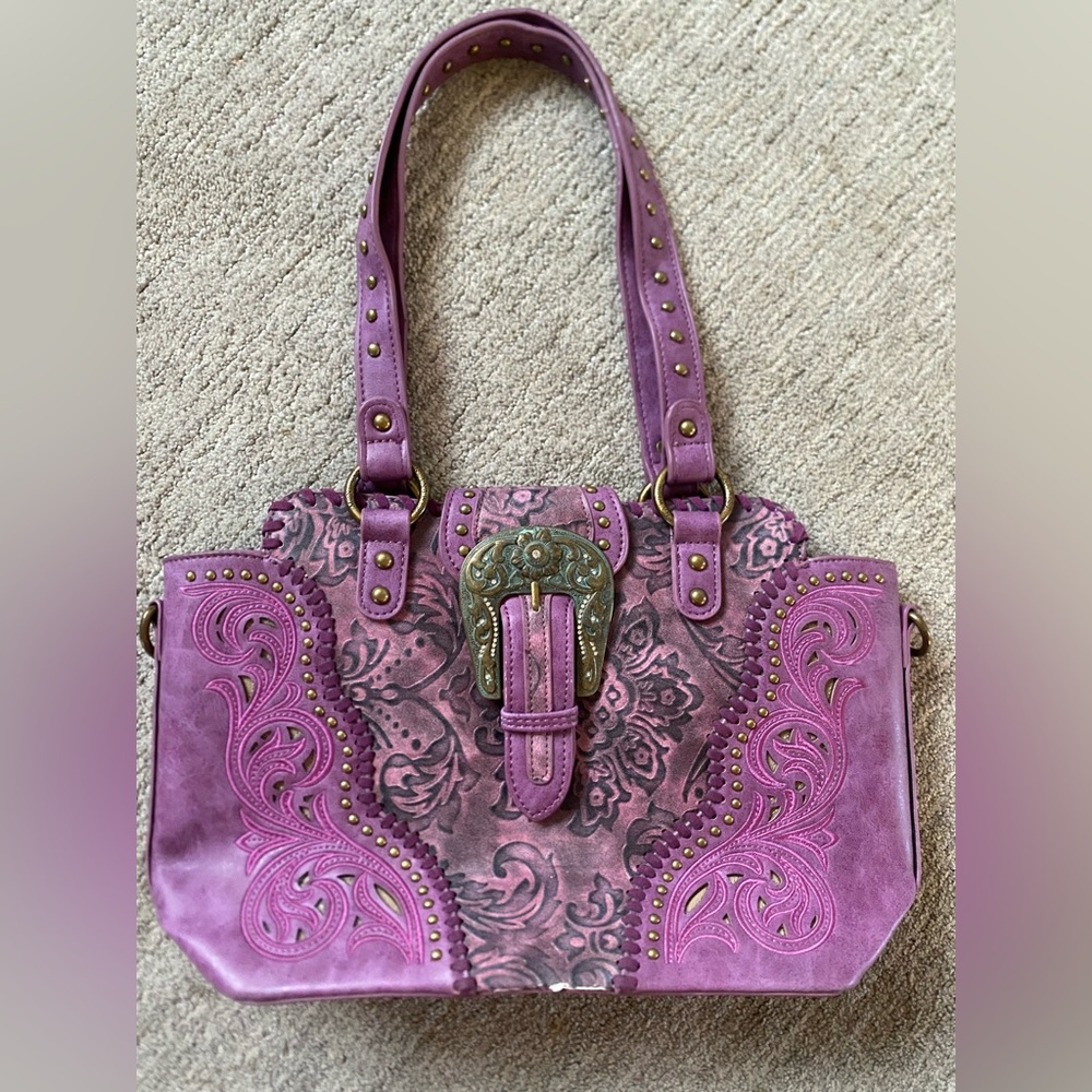 Montana West Purple Embossed Floral Buckle Shoulder Bag